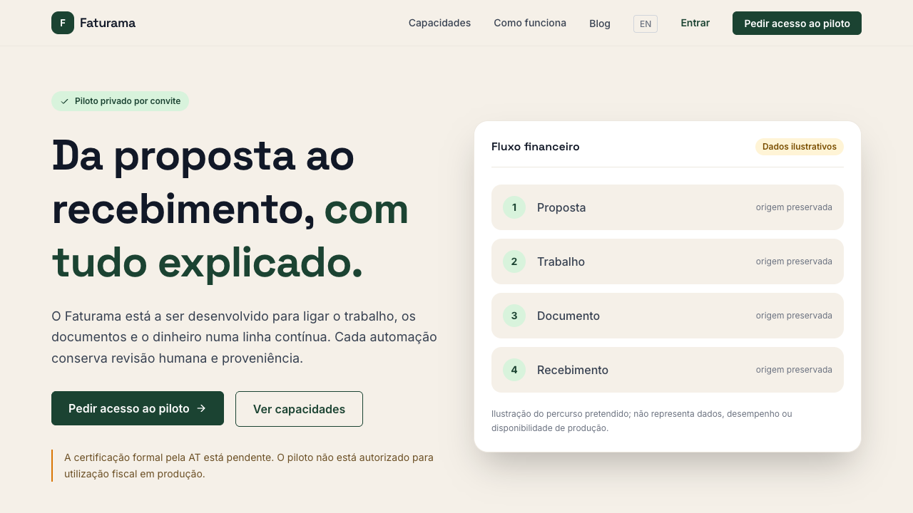 Faturama public pilot site showing its proposal-to-receipt workflow