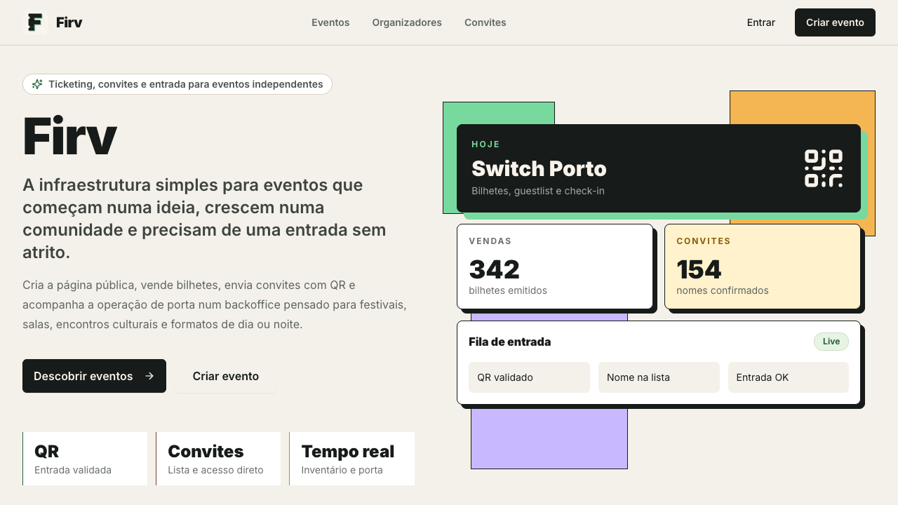 Firv public product site showing ticketing and event-entry operations
