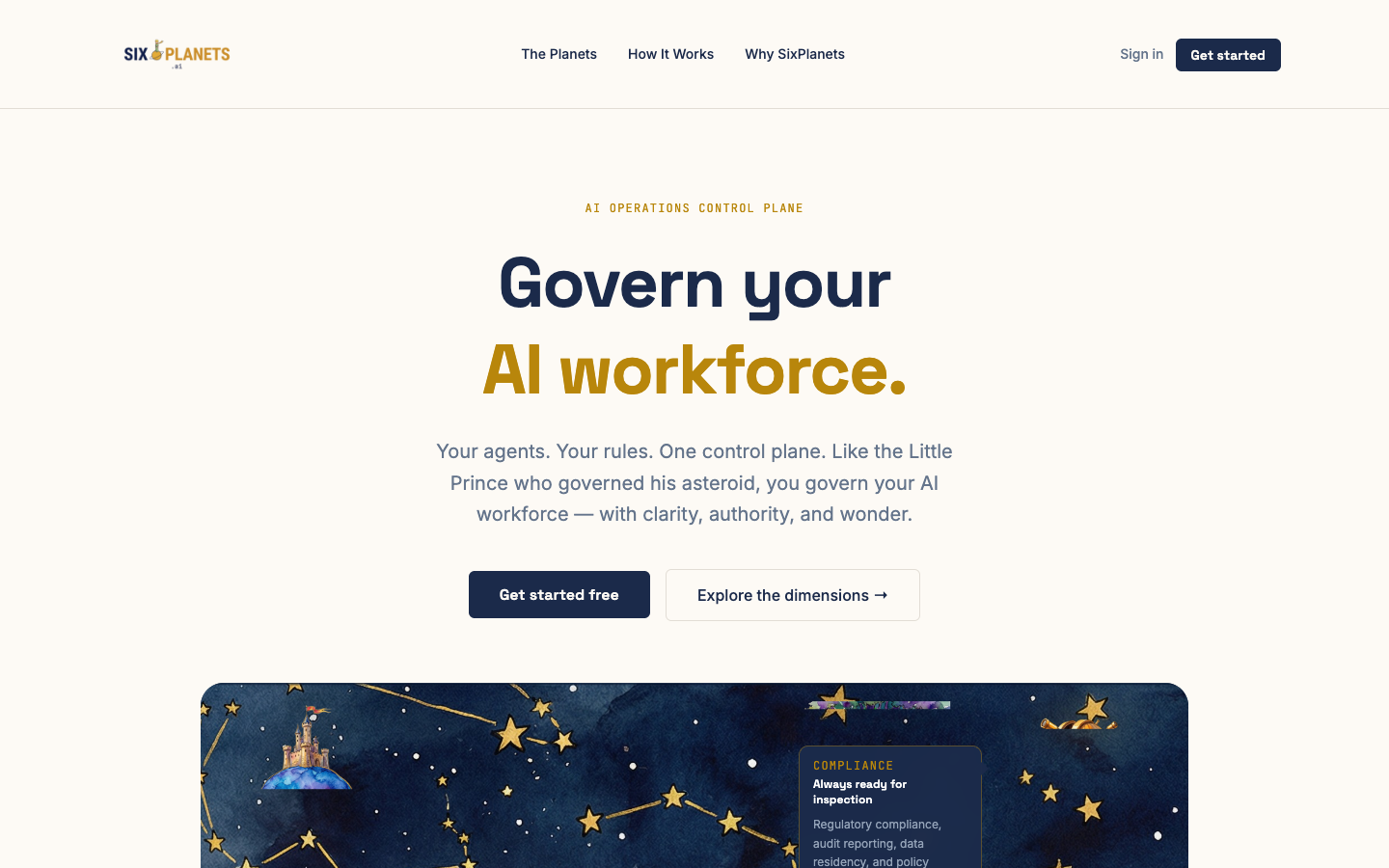 SixPlanets public product site introducing its AI operations control plane