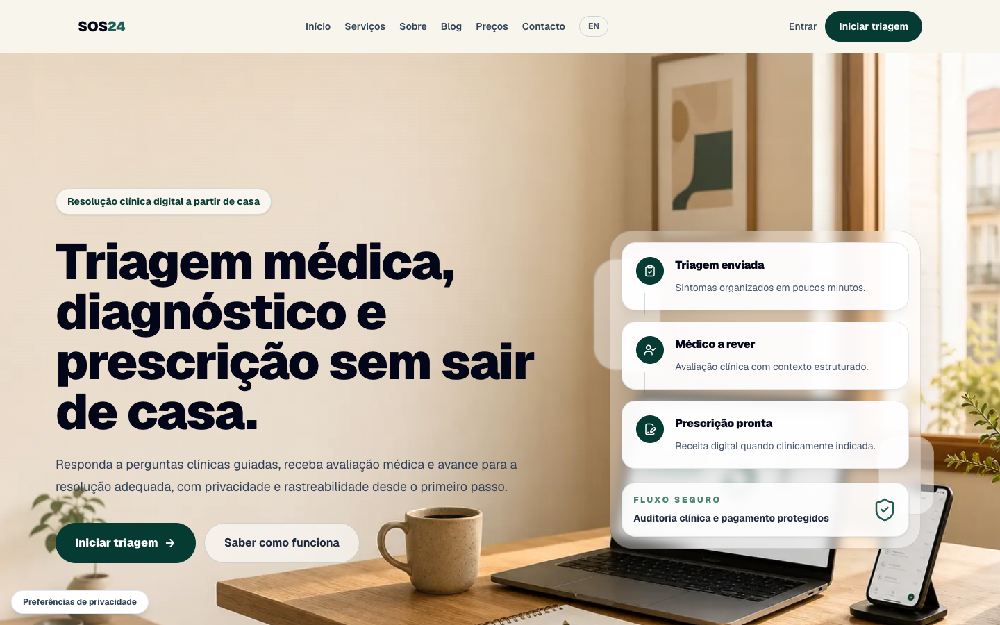 SOS24 public product site showing its digital triage pathway